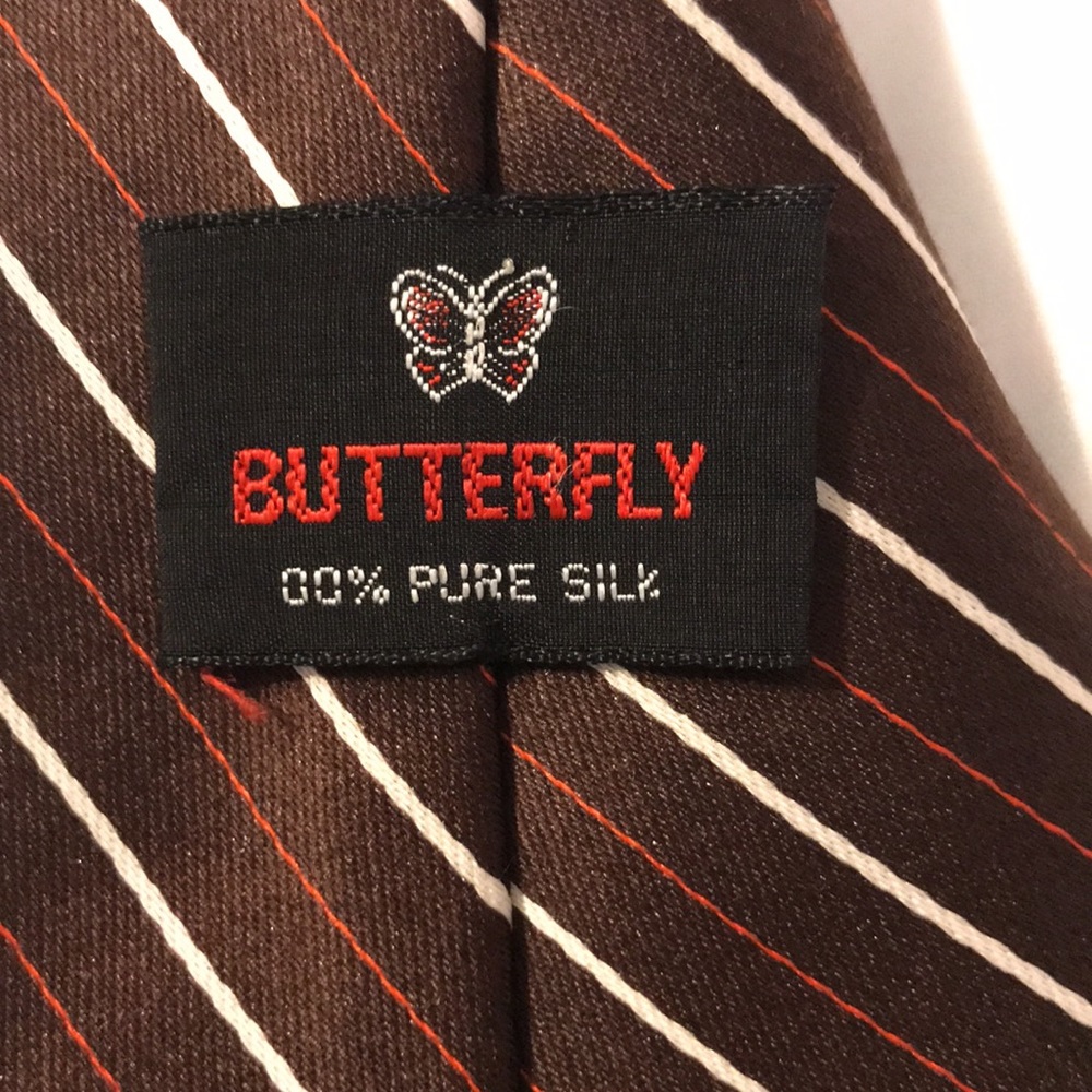 Butterfly brand Pure silk mens tie brown, white, & orange stripes 52.5 inches - Picture 2 of 4